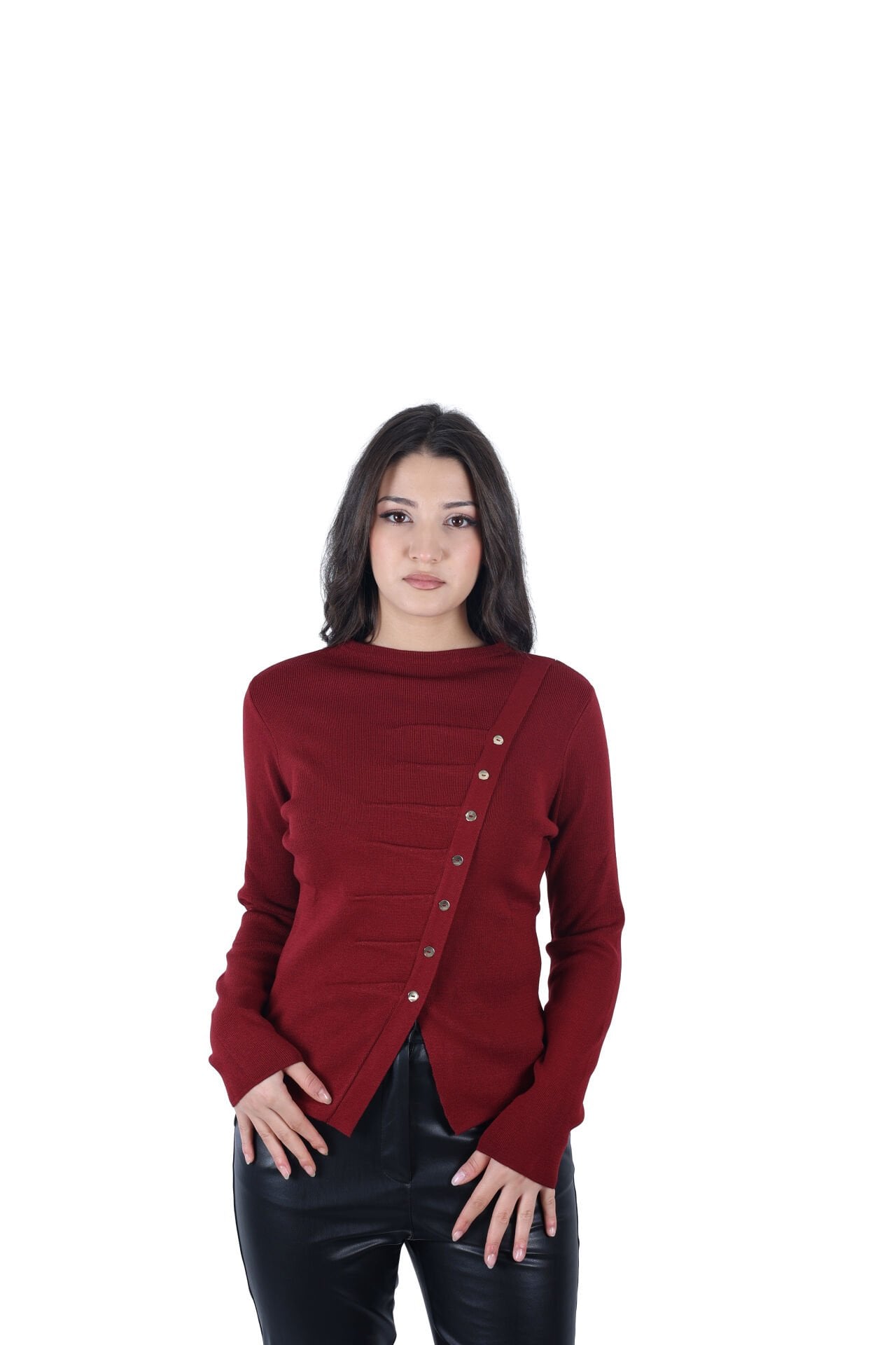 Ontriko Pileli Düğmeli Bordo Bluz