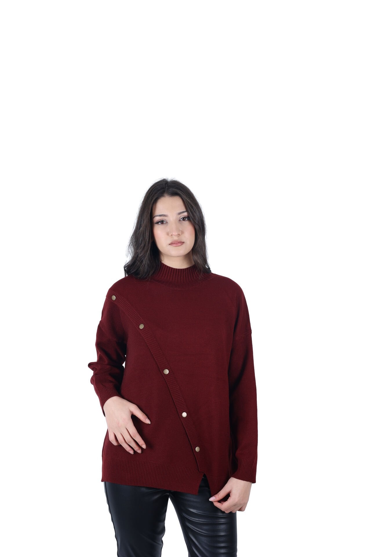 Ontriko Bordo Asimetrik Düğmeli Kazak