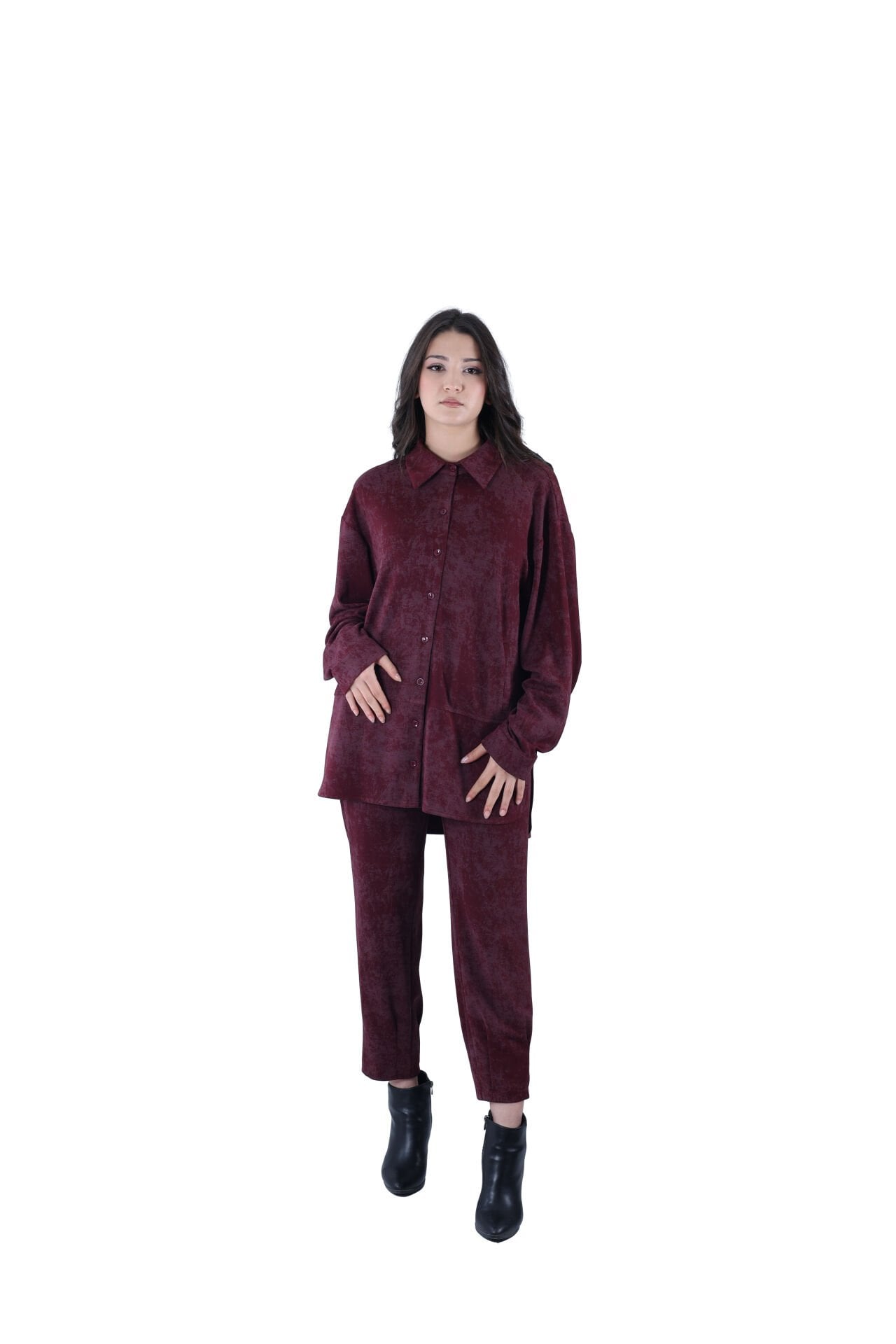 Ontriko Bordo Taşlanmış Görünümlü Takım