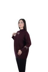 Ontriko Bordo Kurdele Taşlı Simli kazak