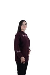 Ontriko Bordo Kurdele Taşlı Simli kazak
