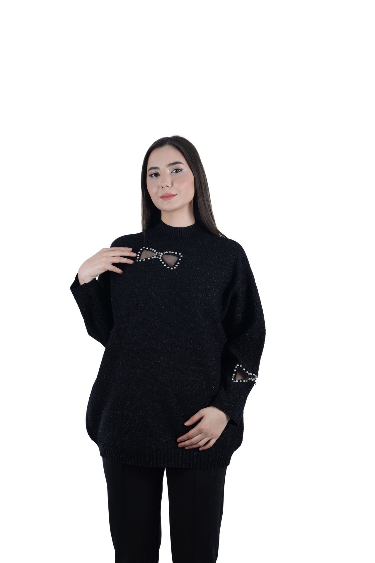 Ontriko Siyah Kurdele Taşlı Simli kazak