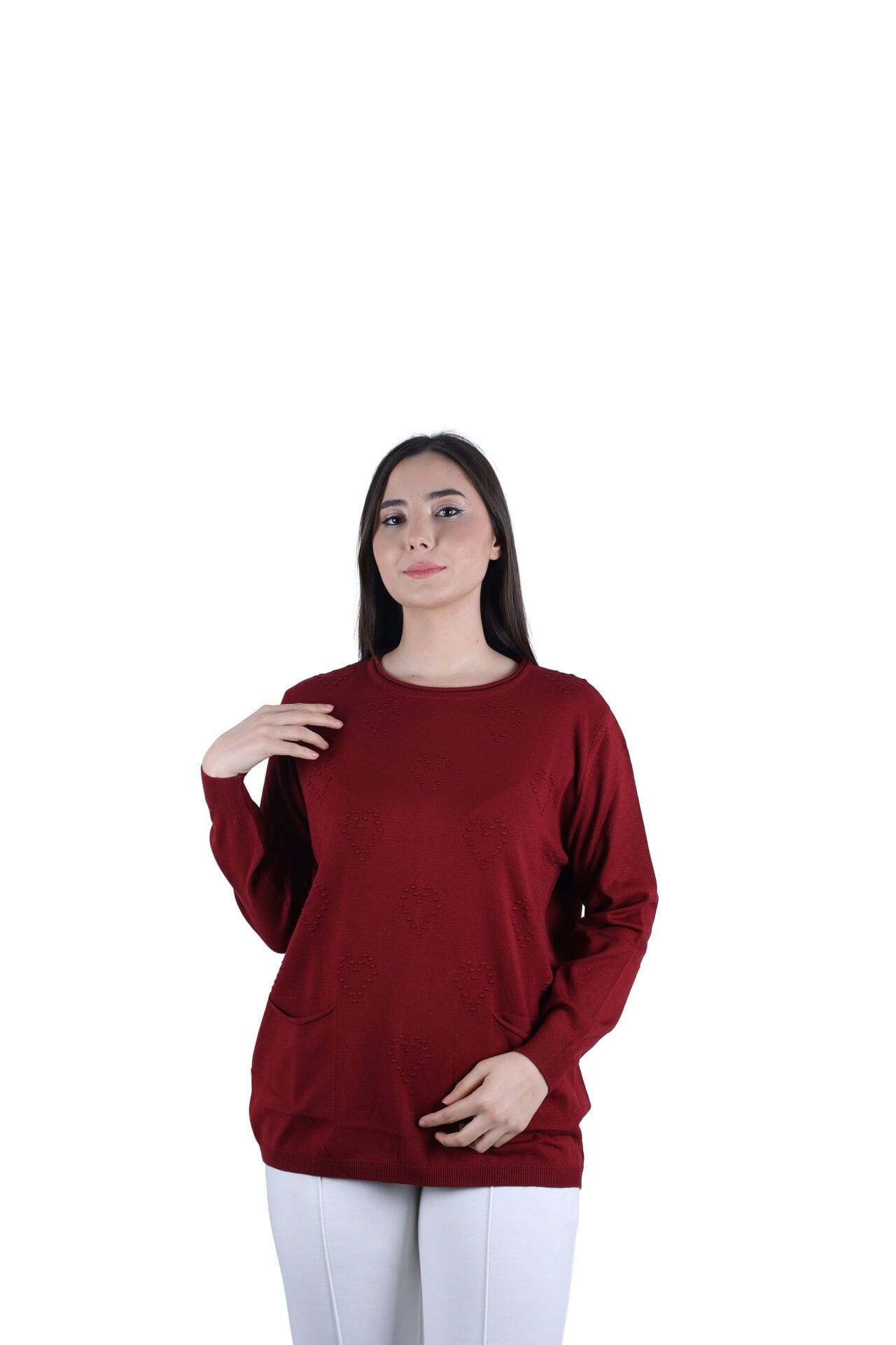 Ontriko Kalp İşlemeli Bordo Bluz